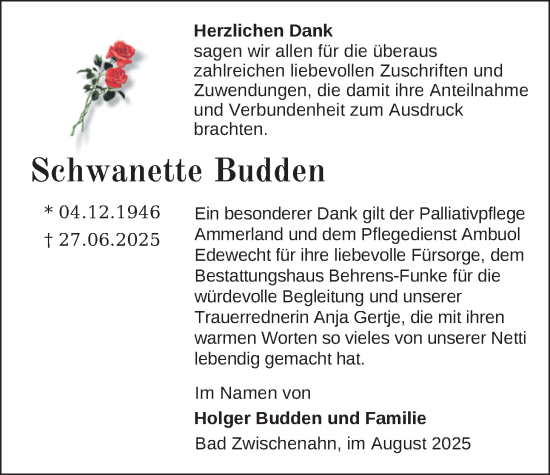 Traueranzeige von Schwanette Budden von Nordwest-Zeitung