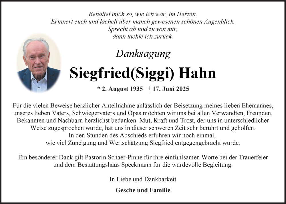  Traueranzeige für Siegfried Hahn vom 02.08.2025 aus Nordwest-Zeitung
