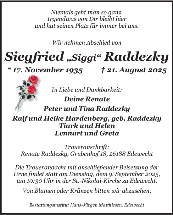Traueranzeige von Siegfried Raddezky von Nordwest-Zeitung