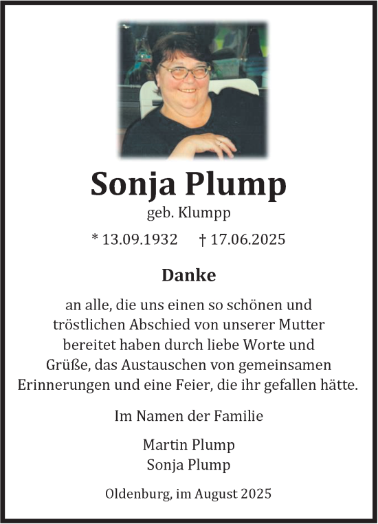 Traueranzeige von Sonja Plump von Nordwest-Zeitung