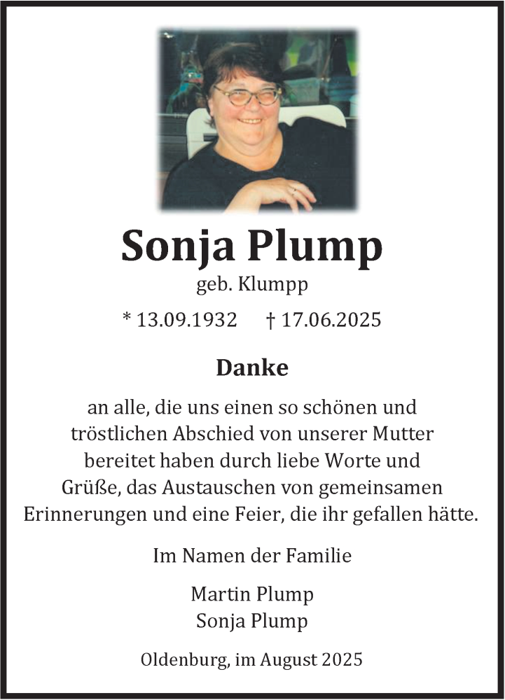  Traueranzeige für Sonja Plump vom 16.08.2025 aus Nordwest-Zeitung