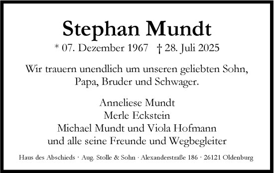 Traueranzeige von Stephan Mundt von Nordwest-Zeitung