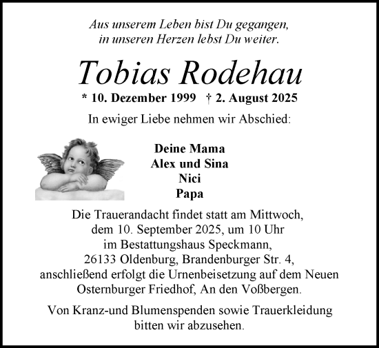 Traueranzeige von Tobias Rodehau von Nordwest-Zeitung