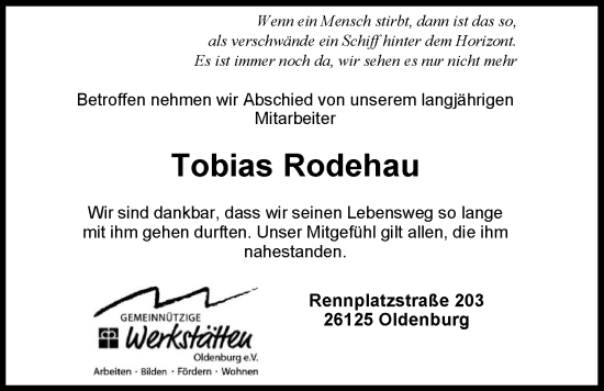 Traueranzeige von Tobias Rodehau von Nordwest-Zeitung