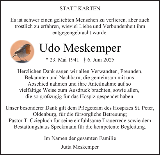 Traueranzeige von Udo Meskemper von Nordwest-Zeitung