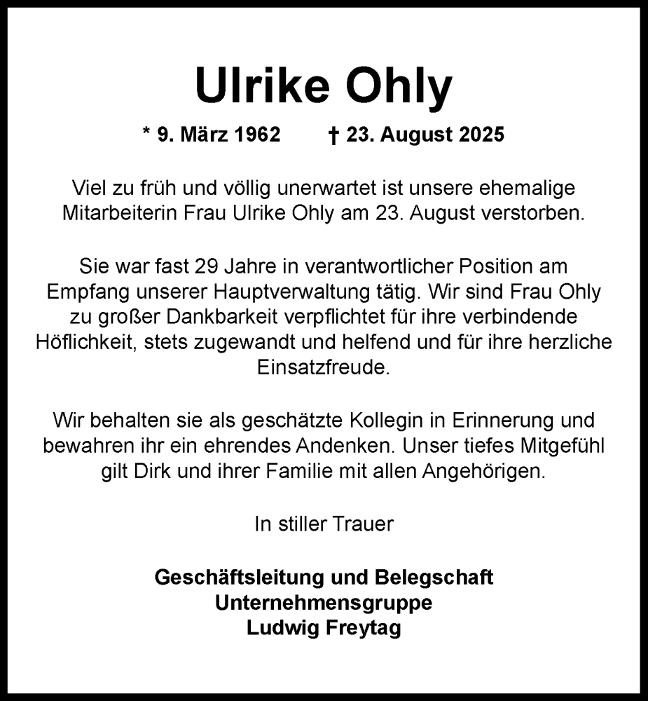  Traueranzeige für Ulrike Ohly vom 30.08.2025 aus Nordwest-Zeitung