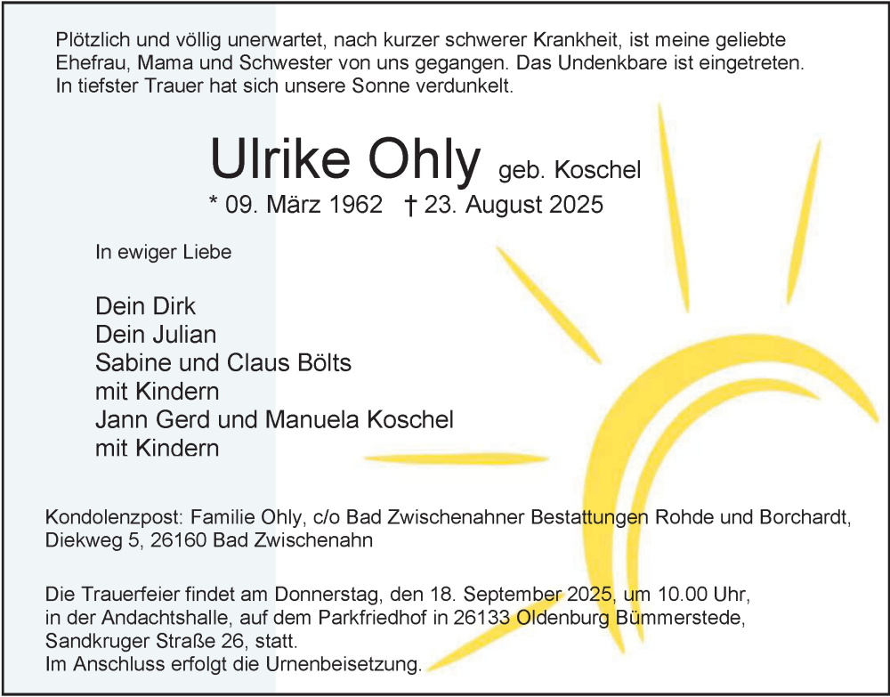  Traueranzeige für Ulrike Ohly vom 30.08.2025 aus Nordwest-Zeitung