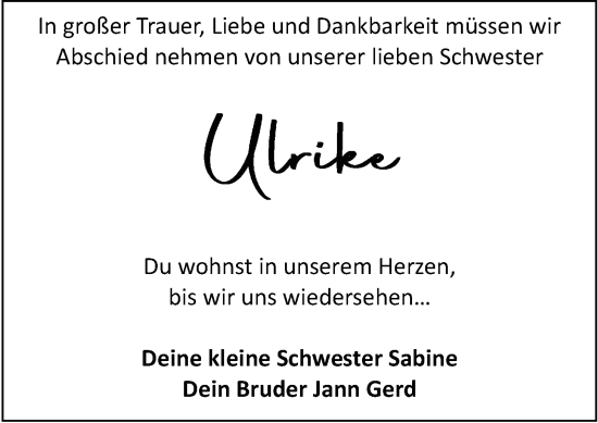 Traueranzeige von Ulrike Ohly von Nordwest-Zeitung