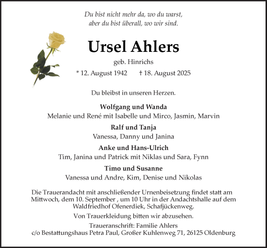 Traueranzeige von Ursel Ahlers von Nordwest-Zeitung