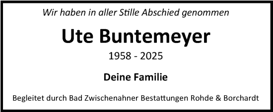 Traueranzeige von Ute Buntemeyer von Nordwest-Zeitung