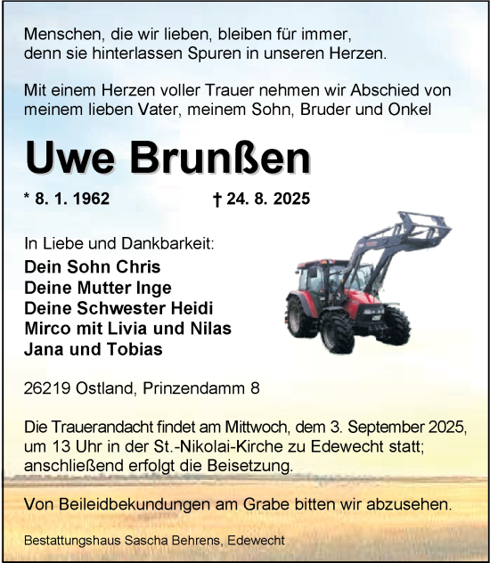 Traueranzeige von Uwe Brunßen von Nordwest-Zeitung