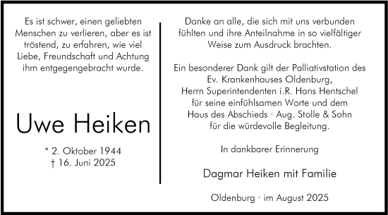 Traueranzeige von Uwe Heiken von Nordwest-Zeitung