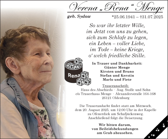 Traueranzeige von Verena Menge von Nordwest-Zeitung
