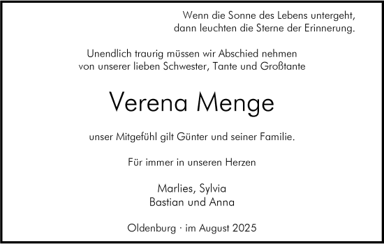 Traueranzeige von Verena Menge von Nordwest-Zeitung