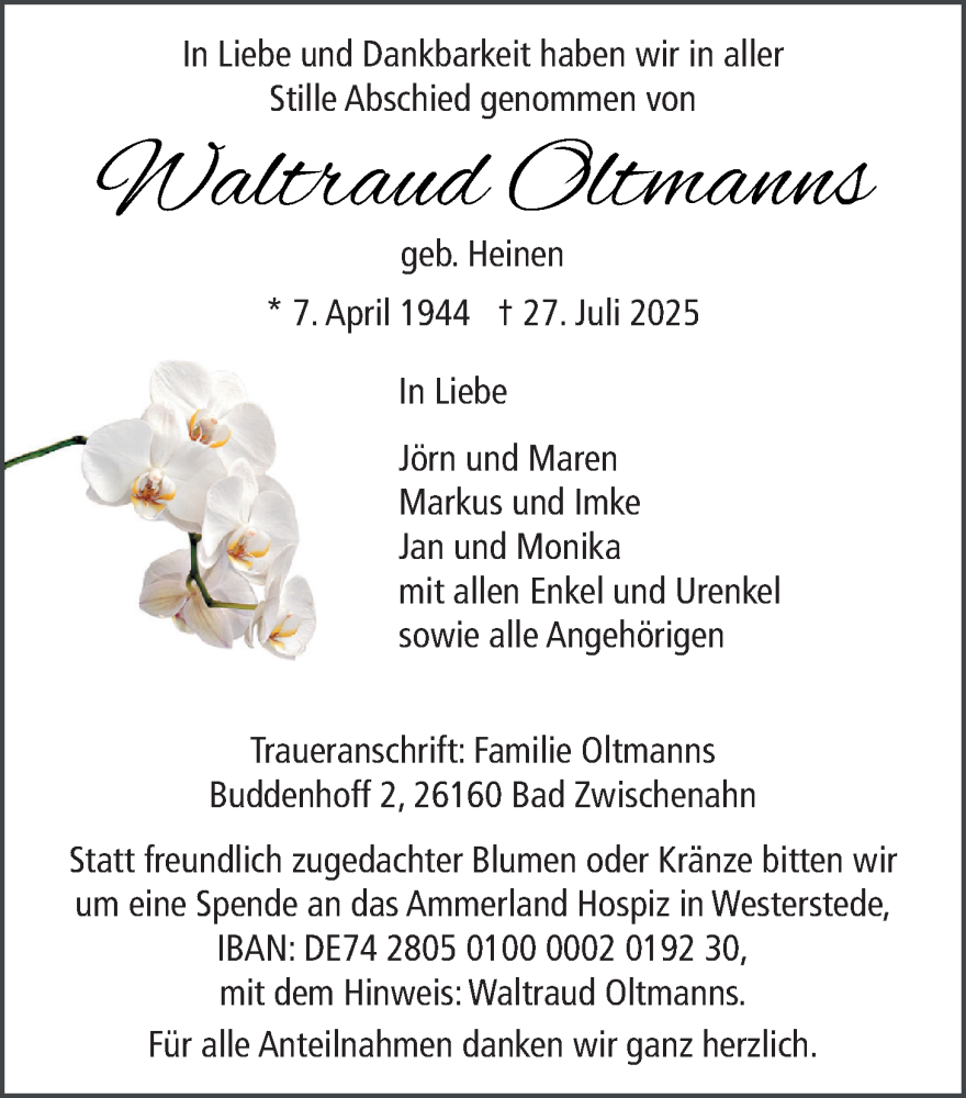  Traueranzeige für Waltraud Oltmanns vom 16.08.2025 aus Nordwest-Zeitung