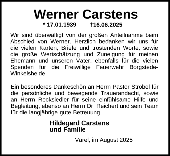 Traueranzeige von Werner Carstens von Nordwest-Zeitung