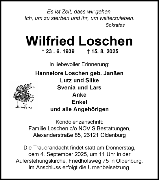 Traueranzeige von Wilfried Loschen von Nordwest-Zeitung