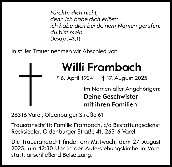 Traueranzeige von Willi Frambach von Nordwest-Zeitung