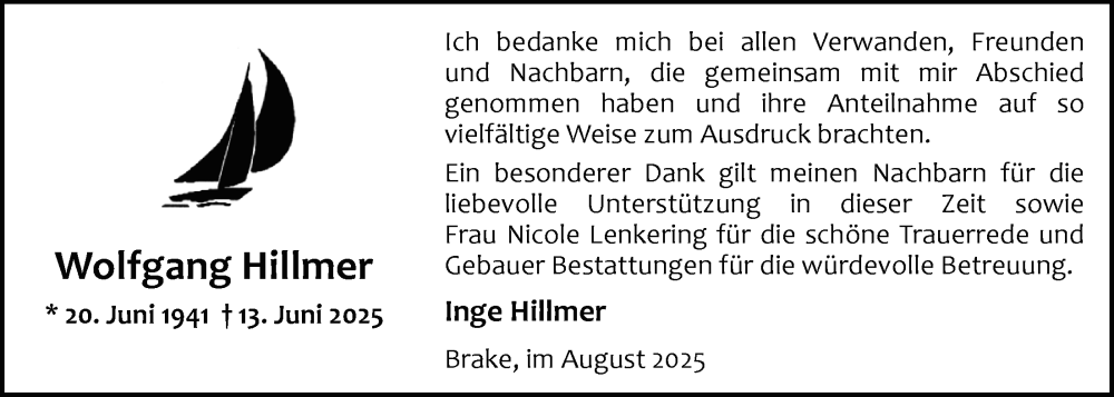  Traueranzeige für Wolfgang Hillmer vom 02.08.2025 aus Nordwest-Zeitung