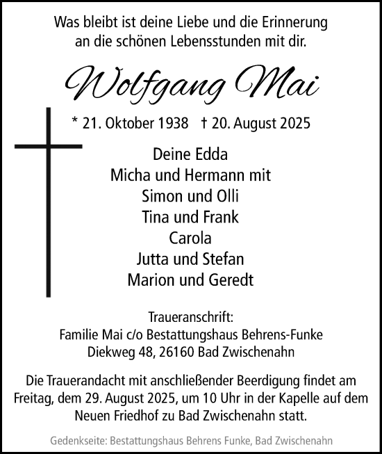 Traueranzeige von Wolfgang Mai von Nordwest-Zeitung
