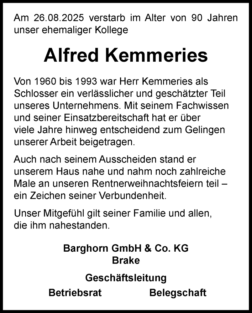  Traueranzeige für Alfred Kemmeries vom 05.09.2025 aus Nordwest-Zeitung