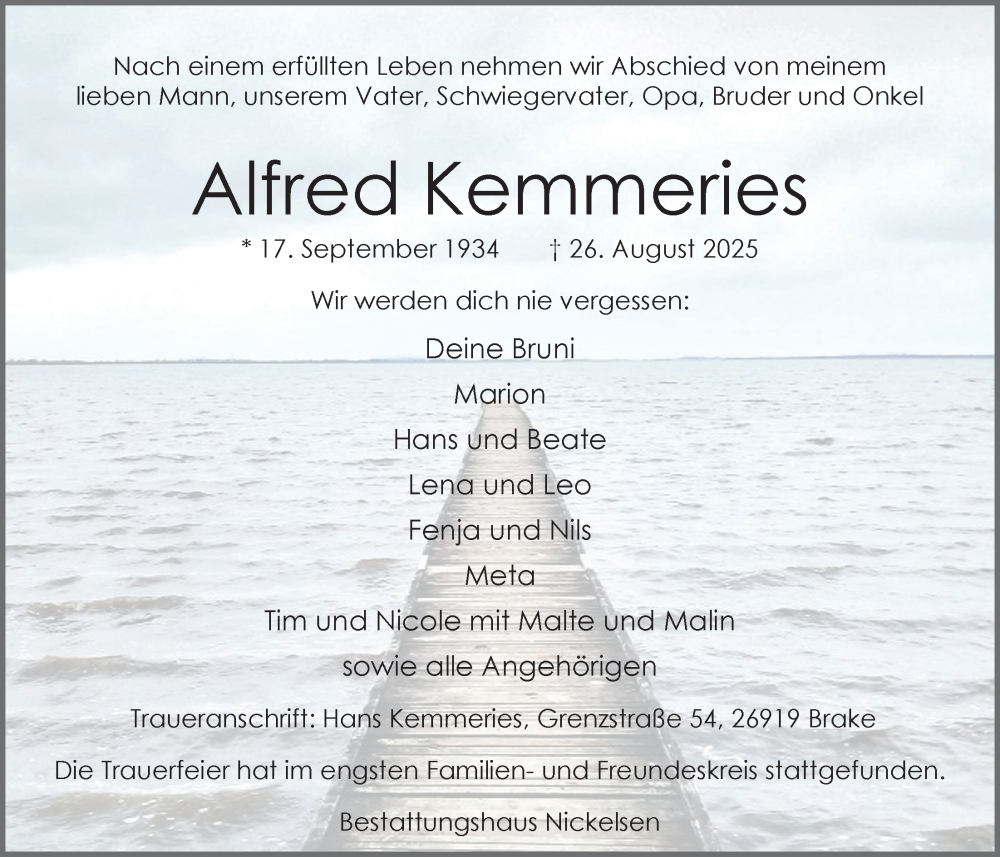 Traueranzeige für Alfred Kemmeries vom 05.09.2025 aus Nordwest-Zeitung