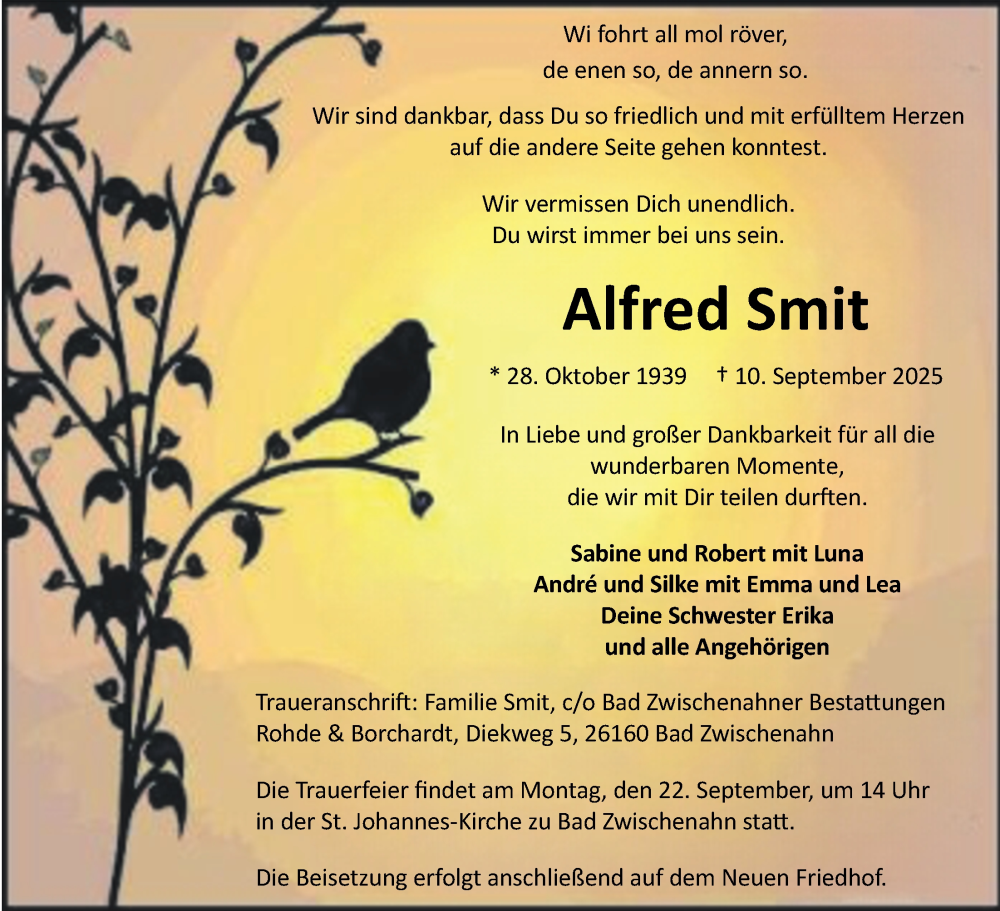  Traueranzeige für Alfred Smit vom 17.09.2025 aus Nordwest-Zeitung