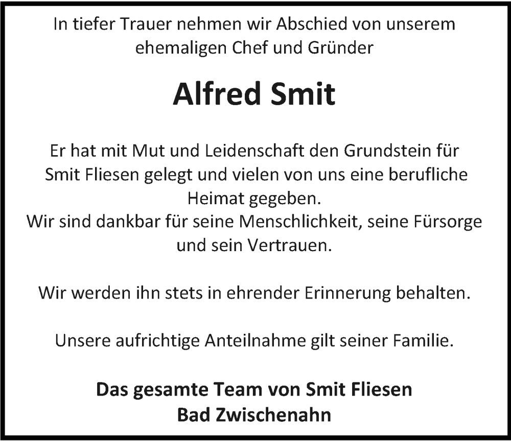  Traueranzeige für Alfred Smit vom 17.09.2025 aus Nordwest-Zeitung
