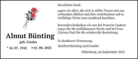 Traueranzeige von Almut Bünting von Nordwest-Zeitung