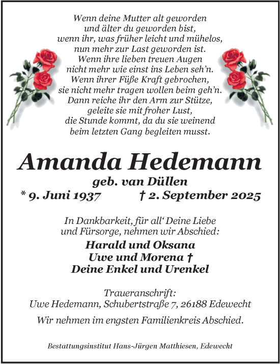 Traueranzeige von Amanda Hedemann von Nordwest-Zeitung