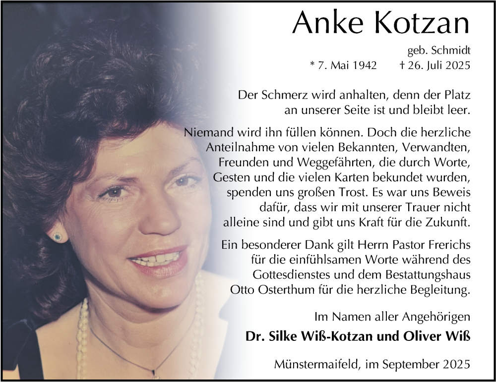  Traueranzeige für Anke Kotzan vom 13.09.2025 aus Nordwest-Zeitung