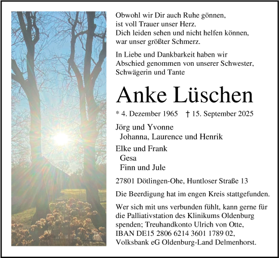 Traueranzeige von Anke Lüschen von Nordwest-Zeitung
