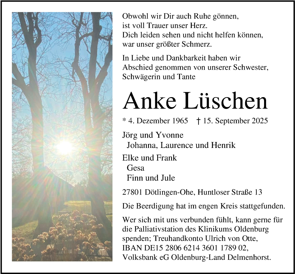  Traueranzeige für Anke Lüschen vom 27.09.2025 aus Nordwest-Zeitung