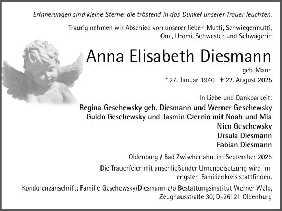 Traueranzeige von Anna Elisabeth Diesmann von Nordwest-Zeitung