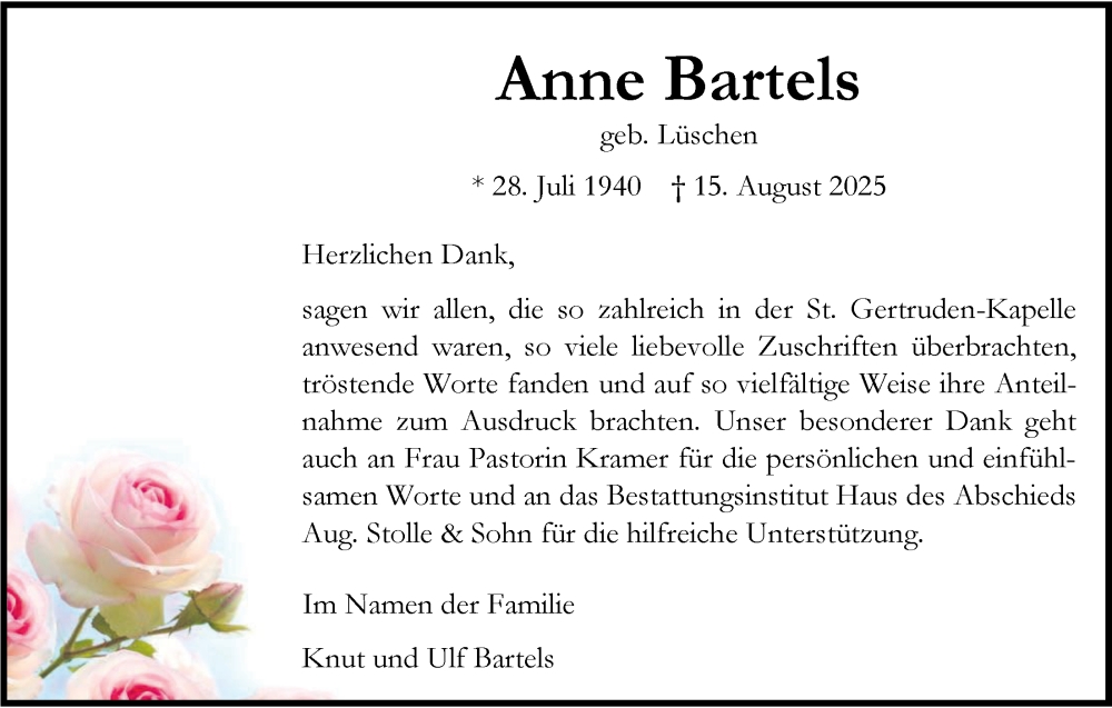  Traueranzeige für Anne Bartels vom 20.09.2025 aus Nordwest-Zeitung