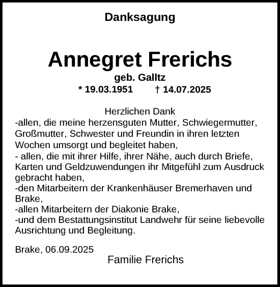 Traueranzeige von Annegret Frerichs von Nordwest-Zeitung