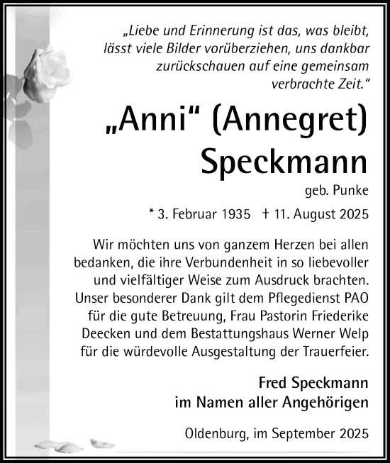 Traueranzeige von Annegret Speckmann von Nordwest-Zeitung