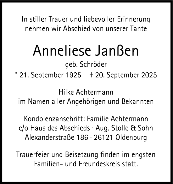 Traueranzeige von Anneliese Janßen von Nordwest-Zeitung
