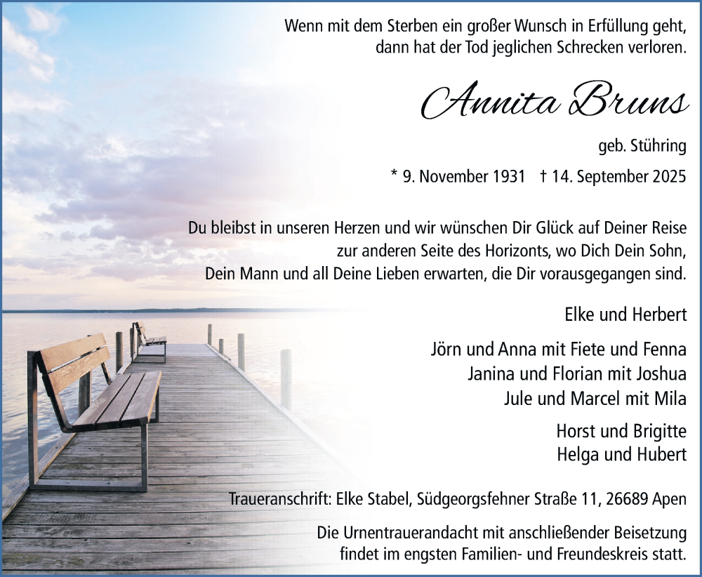  Traueranzeige für Annita Bruns vom 20.09.2025 aus Nordwest-Zeitung