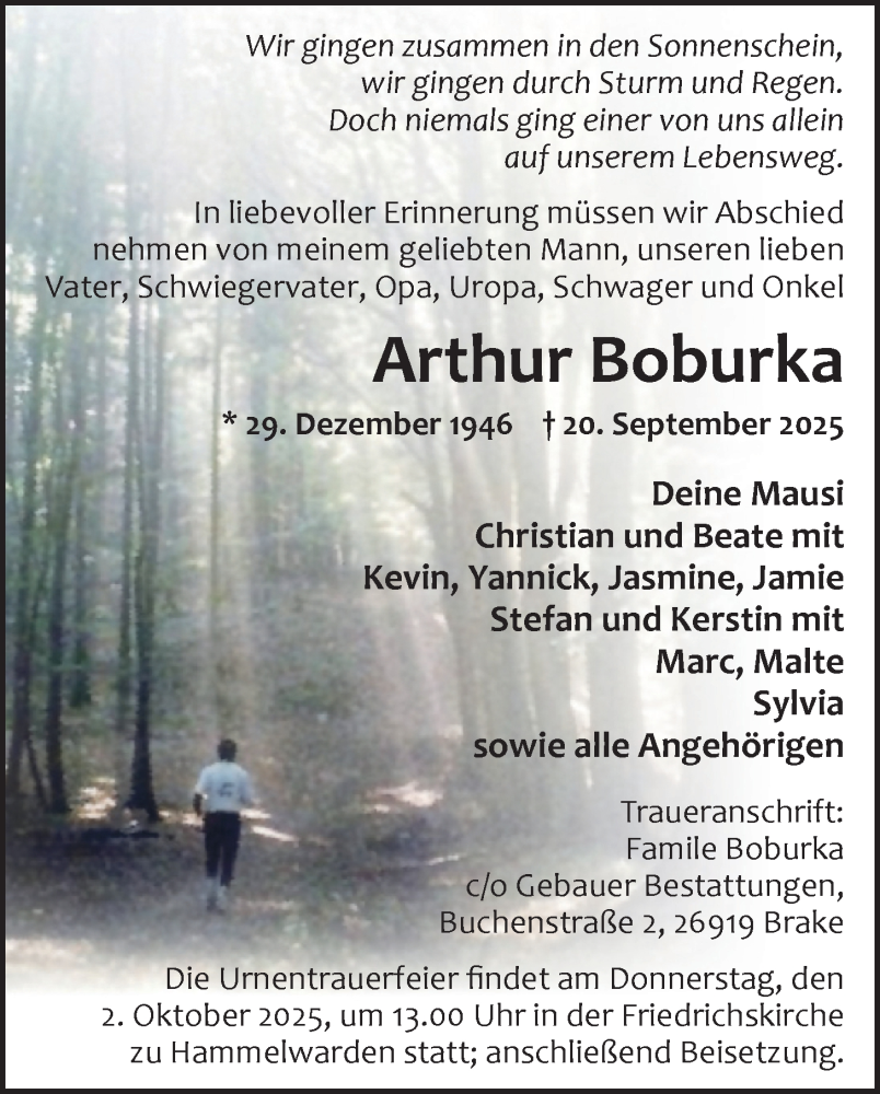  Traueranzeige für Arthur Boburka vom 27.09.2025 aus Nordwest-Zeitung