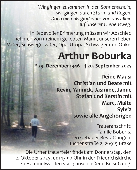 Traueranzeige von Arthur Boburka von Nordwest-Zeitung