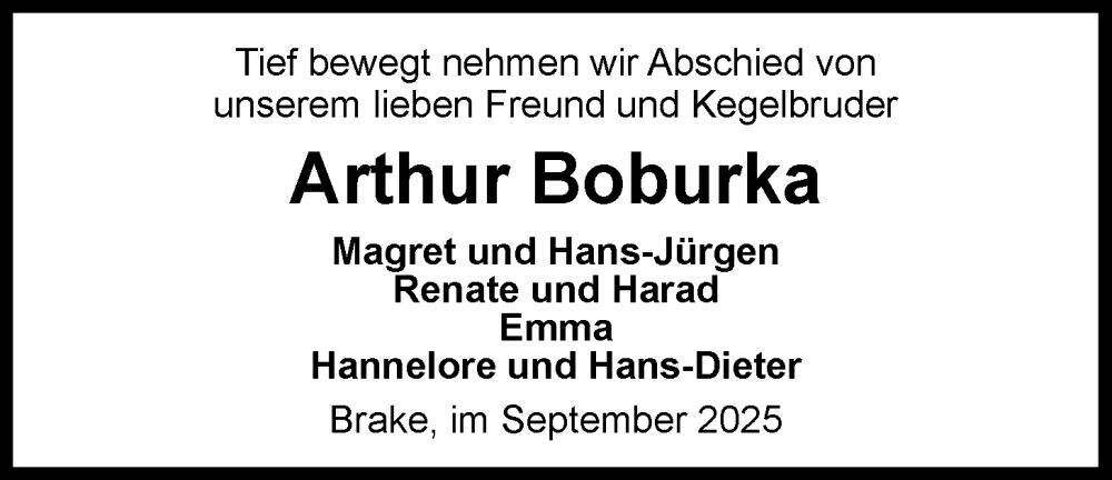 Traueranzeige für Arthur Boburka vom 01.10.2025 aus Nordwest-Zeitung
