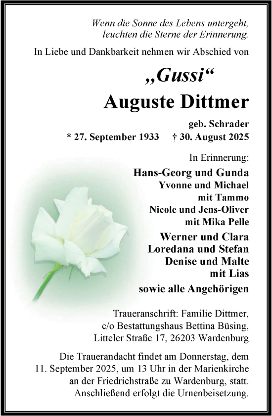Traueranzeige von Auguste Dittmer von Nordwest-Zeitung