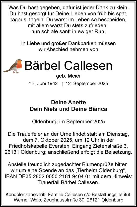 Traueranzeige von Bärbel Callesen von Nordwest-Zeitung