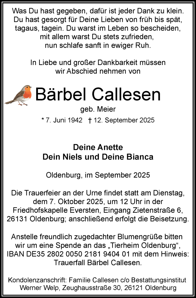  Traueranzeige für Bärbel Callesen vom 20.09.2025 aus Nordwest-Zeitung