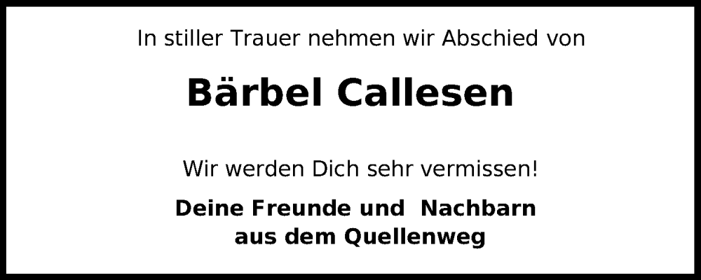  Traueranzeige für Bärbel Callesen vom 20.09.2025 aus Nordwest-Zeitung