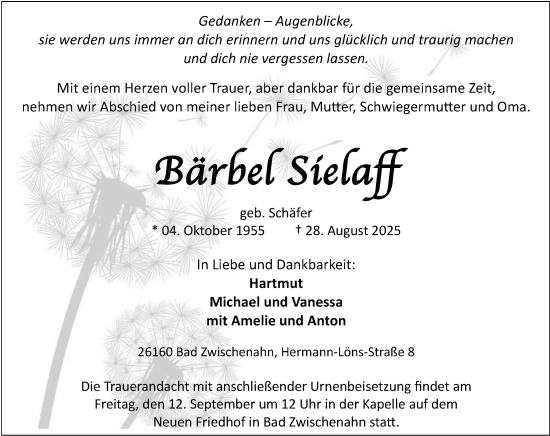 Traueranzeige von Bärbel Sielaff von Nordwest-Zeitung