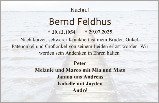 Traueranzeige von Bernd Feldhus von Nordwest-Zeitung
