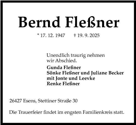 Traueranzeige von Bernd Fleßner von WZ/JW/AH