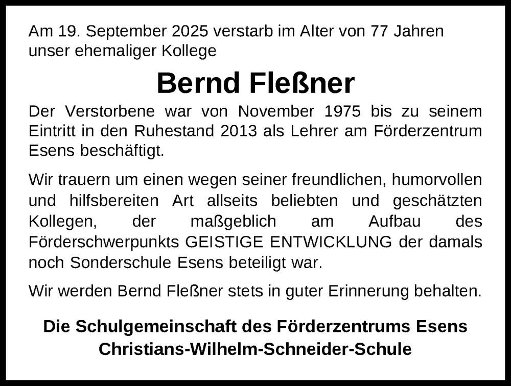  Traueranzeige für Bernd Fleßner vom 29.09.2025 aus WZ/JW/AH
